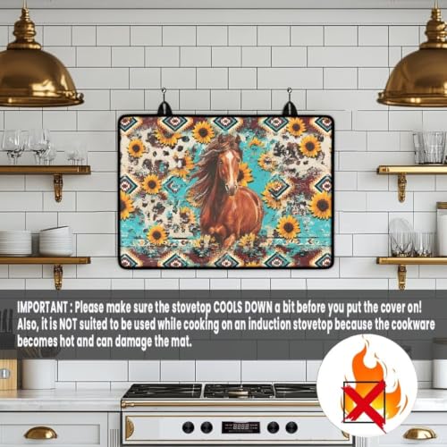 Image of Electric Stove Top Covers Heat Resistant Glass Ceramic Cooktop Cover Mat Multipurpose Kitchen Scratch Resistant Flat Top Stove Cover, 29 x 21 Inch, Horse Sunflower Aztec Print