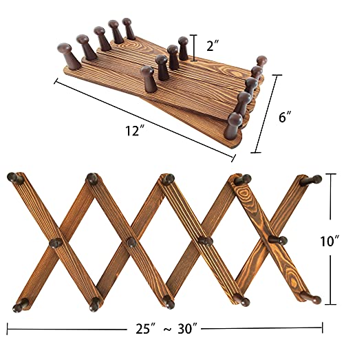 Aitufiy Expandable Coat Rack Hanger Wooden Accordion Wall Mounted Retro Wood Hat Rack 14 Pegs Hooks Hang Jacket,Coffee Mugs,Caps,Leash,Towel,Belt,Umbrella,Scarf,Bag (Carbon Brown) #TOP2