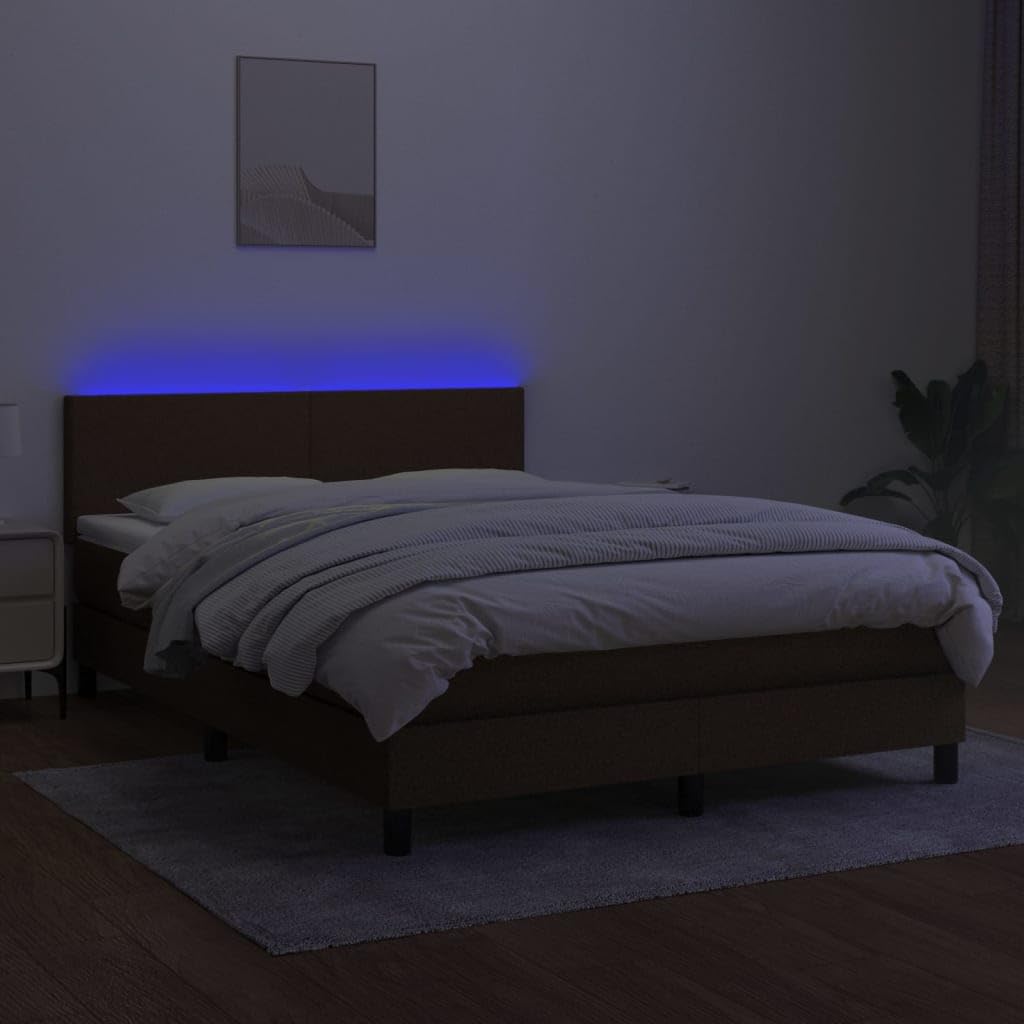 Tkaninowe regulowanym zagłówkiem LED 140x200 cm Brąz | Łóżko kontynentalne z materacem 140x200 cm brązowe tkanina z zagłówkiem LED do sypialni