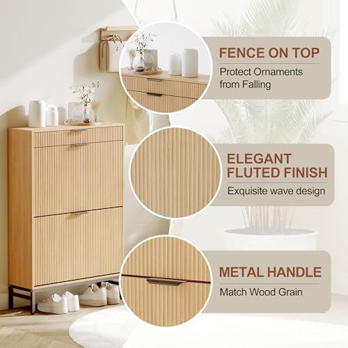 GarveeHome Wave Design Shoe Cabinet with 2 Flip Drawers, a Drawer, Fluted Shoe Cabinet Modern Narrow Shoe Storage, Wooden Shoe Organizer with Large Capacity, Hidden Shoe Racks for Entryway, Wood