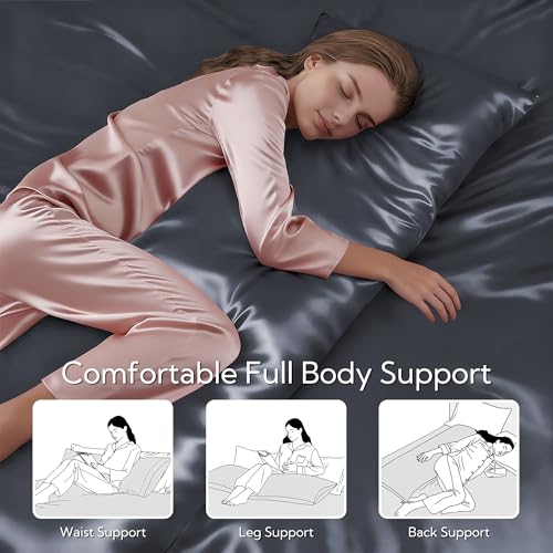 Image of MR&HM Satin Body Pillow Cover, Soft and Breathable Body Pillow Case with Envelope Closure, Cooling and Silky Long Pillowcase for Hair and Skin,Grey (20x54, Space Grey)