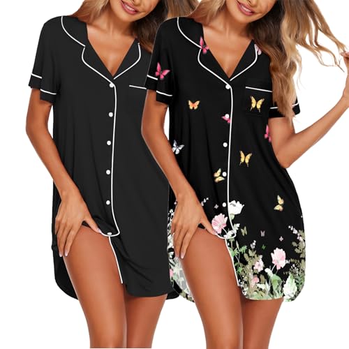 Image of Ekouaer Nightgowns for Women 2 Pack Button Down Sleepwear Short Sleeve Sleepshirts Soft Nightshirts Boyfriend Pajama Dress