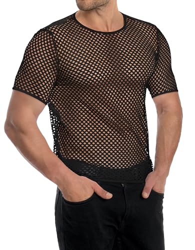 Men's Mesh Fishnet Top Short Sleeve Sheer See Through T Shirt Fitted Muscle Blouse Clubwear2