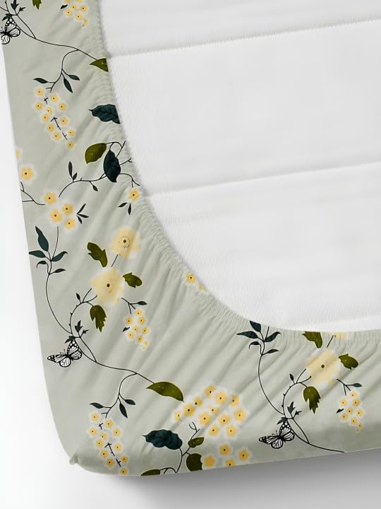 Image of King Size Fitted Bedsheet with 2 Pillow Covers (GreenLeafFrill, Double Size-72x72)
