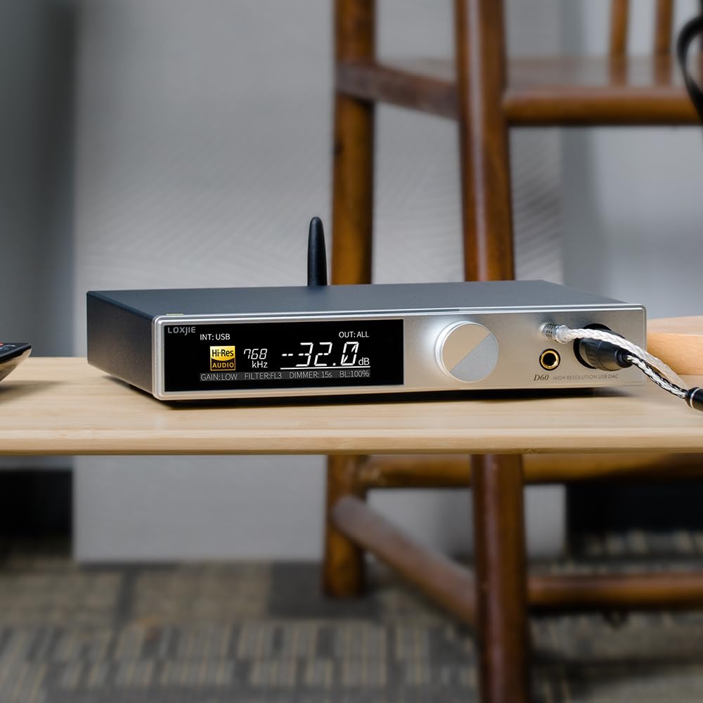 LOXJIE D60 - Amplificatore audio DAC ad alta risoluzione e Full Balance per cuffie 6000mWx2 con uscita 6,35 mm/4,4 mm/XLR/RCA, amplificatore desktop con telecomando (argento)