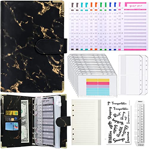 Carpeta de Cuaderno A6, Carpeta de Presupuesto, Cubierta de Hojas Sueltas de Cuero de PU, con 12 Sobres Transparentes A6 y 12 Hojas de Presupuesto, Planificador de Presupuesto Financiero Cover