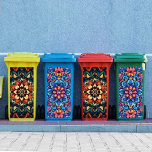Image of Peacoblue Wheelie Bin Stickers 2 Sheets Mandala Pattern Floral Sticky Dustbin Stickers Decals, 15 inch x 32 inch Waterproof Large Wraps for Trash Cans Bins Fridges Door Wall Garden Outdoor Indoor Patio Decor