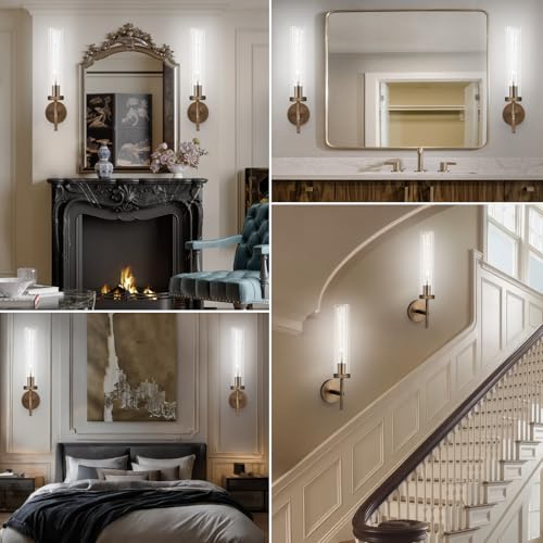 Image of Bronze Wall Sconces Set of Two with White Lights, 19.5'' Brushed Brass Knurled Bathroom Sconces Wall Lighting Vanity Light with Clear Glass for Living Room Mirror Bedroom Stairs