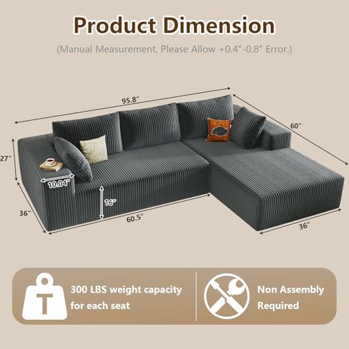 Image of 96 inch Modular Sectional Couch, Boneless L Shaped Cloud Sofa with Chaise Lounge, Corduroy Upholstered Couches Memory Foam Deep Seat, No Assembly Required, Ideal for Living Room(Dark Gray, Right Facing)