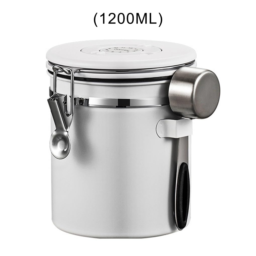 Vakuum-Kaffeebohnen, 1,2 l, luftdichter Behälter mit Datums-Tracker, Tee, großes Fassungsvermögen, für Büro, Lebensmittel, weiß/Stahllöffel, 1200 ml, 2 Stück