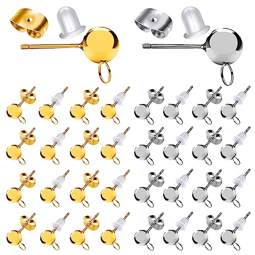 TOAOB 140pcs Boucles D'oreilles Poteaux en Acier Inoxydable 4mm Clous D'oreilles Boule Argent et Or avec Dos Papillon Apprêt et Fermoirs en Silicone pour...