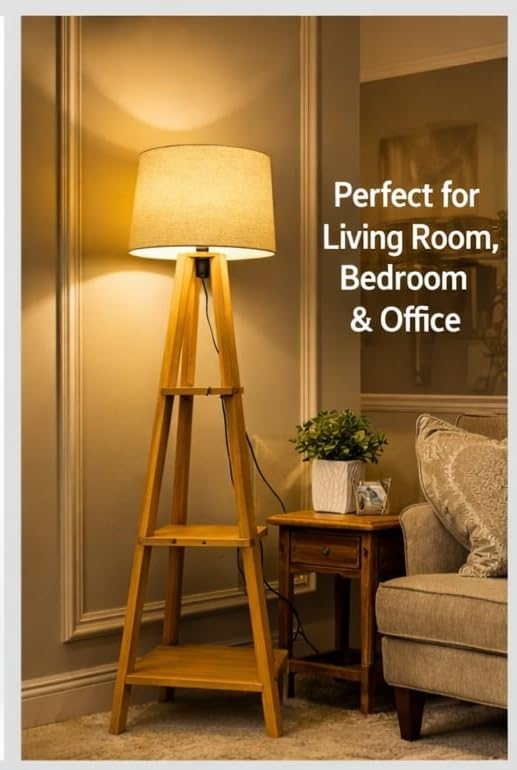 Image of Glorik Modern Floor Lamp with Storage Shelves, Wooden Frame, Linen Shade, Standing Light for Living Room, Home Decor