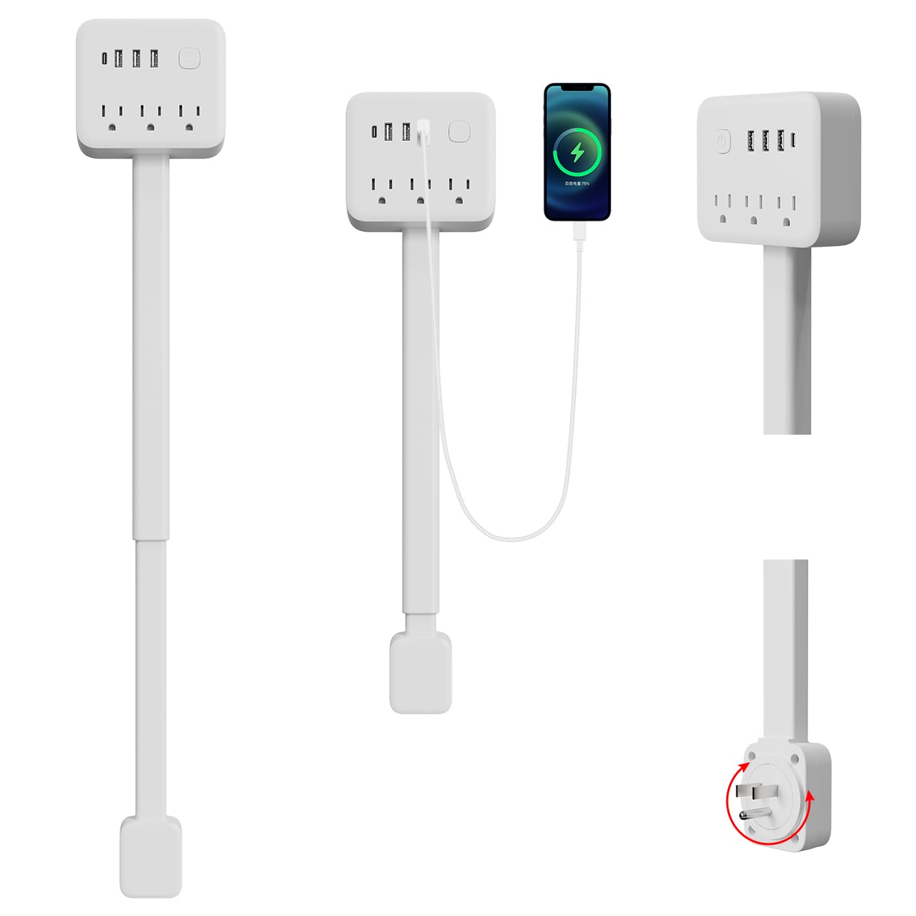 Electrical Outlet Extender Stick, 180° Rotating Surge Protector Power Strip, Featured 3 AC and 4 USB Ports, Multi Plug Wall Outlet Splitter | Ideal for Behind Couches, Nightstands, image 3