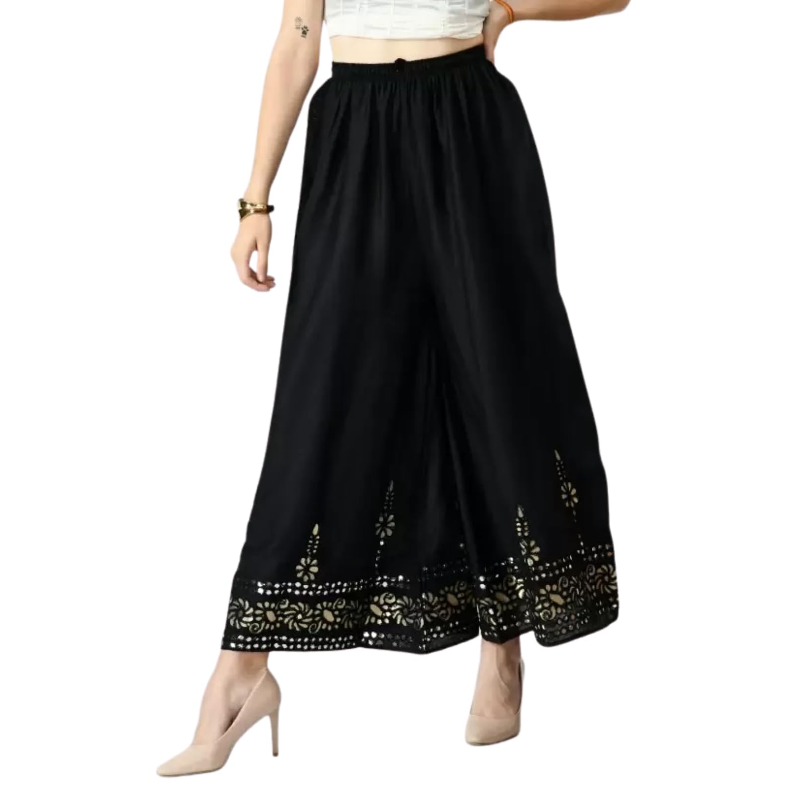 D & V Creations Women's Rayon Regular Fit Stylish Elegant Flower Mirror Work Solid Sharara Palazzo Pants with Elasticated Waistband
