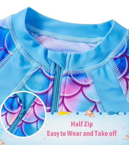 Image of Girls Long Sleeve Rashguard Half Zip Swimsuits UPF 50+ Two Piece Swim Sets with Hairband 5-12Y | Two Piece Swim Sets with Hairband