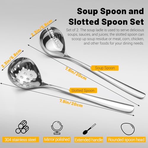 2 padelle piccole e cucchiai scanalati, Heavy Duty 304, in acciaio inox gravy, mini padelle per servire, scolapasta padella con fori, argento, 2Pcs Small Ladle+ Slotted Ladle, Silver - immagine 3