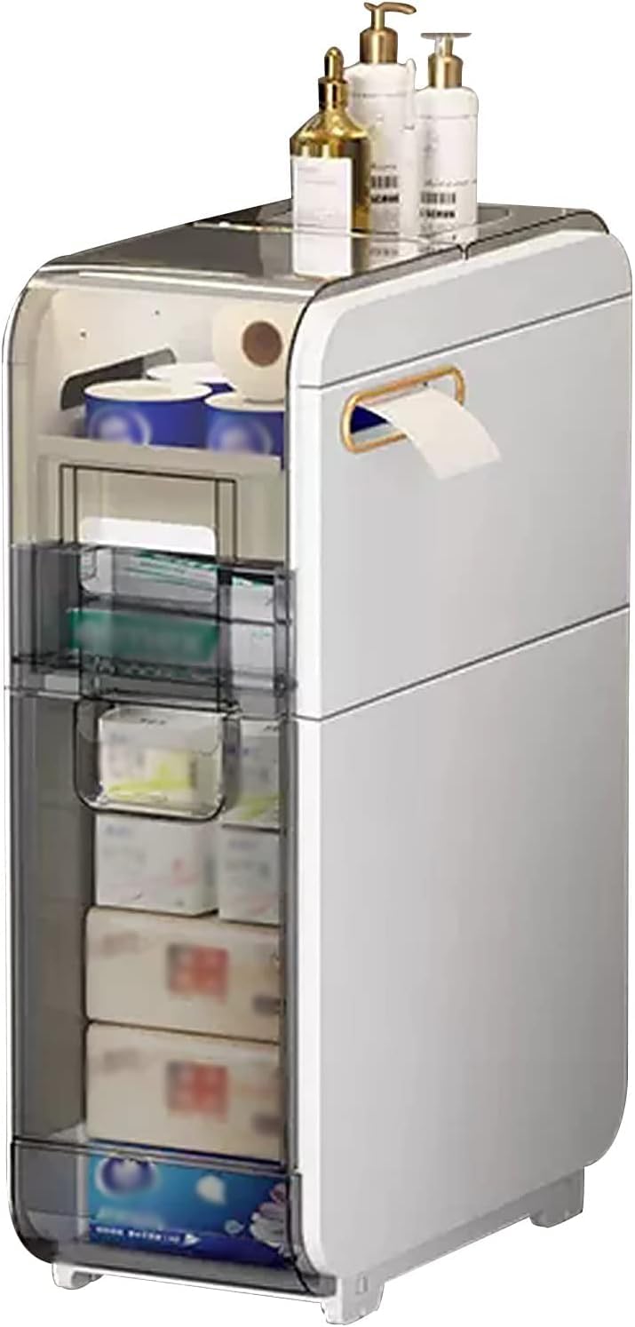 Questo mobiletto Verticale da Bagno con cassetti Trasparenti, rotelle e Design Sottile, Organizer in plastica per lavabo Stretto, mobiletto Alto e salvaspazio per Carta igienica, ripiano da