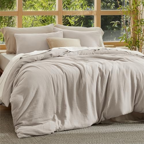 Image of Bedsure Muslin Duvet Cover Queen Size - Cotton Blend Viscose Derived from Bamboo, Cooling Duvet Cover, PureWoven Ultra-Soft & Breathable Bedding Set for All Seasons (Oat Milk, 90 inchx90 inch)
