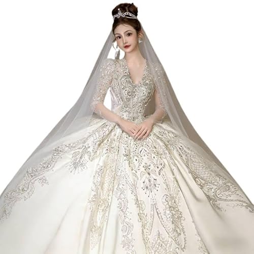 High-end Custom Satin Wedding Dress, Bridal Gown, Adorned with Delicate Sequin Embellishments, with a Cathedral-Length Train (Floor-Length)