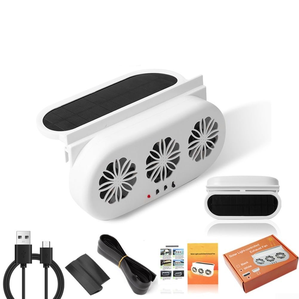 Ventilador extractor de aire para coche alimentado por energía solar Ventilación de triple cabezal USB y carga de 12 V 23 × 11.3 × 5.2 cm para refrigeración del vehículo (blanco)
