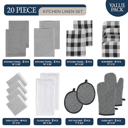 Image of LANE LINEN Kitchen Towels Set 20 Pack - Ultra Soft Cotton Kitchen Hand Towels, Highly Absorbent Dish Cloths, Durable Scrubbers, Flour Sack Tea Towels, Heat Resistant Oven Mitts & Pot Holders - Black