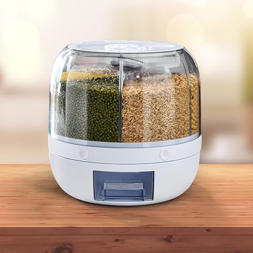 Image of MYOZ 6-Grid Round Food Dispenser | 360 Rotating Transparent Grain Storage Container | Rotatable Dry Food Fruit Cereal Storage Box Container with Lid for Home and Kitchen (White)