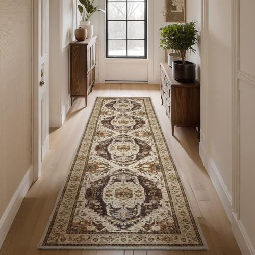 2x8 ft Runner Rug for Hallways Non Slip Washable Kitchen Runner Bedroom Bedside Runners Long Runners for Entryway Laundry Room Bathroom Neutral Brown Brown 2' x 8' (Runner)