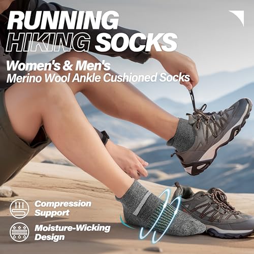 Image of 6 Pairs Merino Wool Ankle Running Hiking Socks Compression Support Breathable Thick Cushion No Show Socks for Women Men
