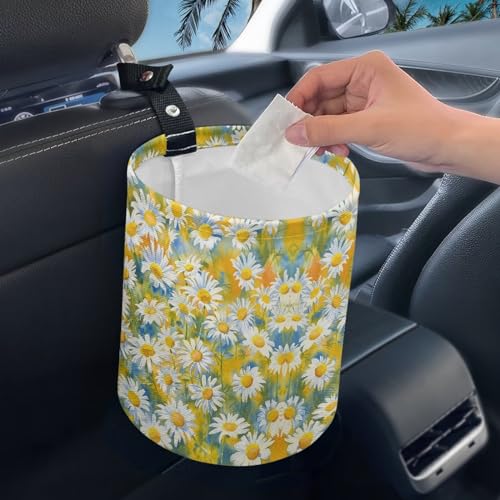 Image of White Daisy Car Garbage Trash Can Foldable Waste Basket Container Bag Bin Portable Cup Holder Organizer with Strap Universal Car Interior Accessories for Fit Most Cars, SUVs, Trucks