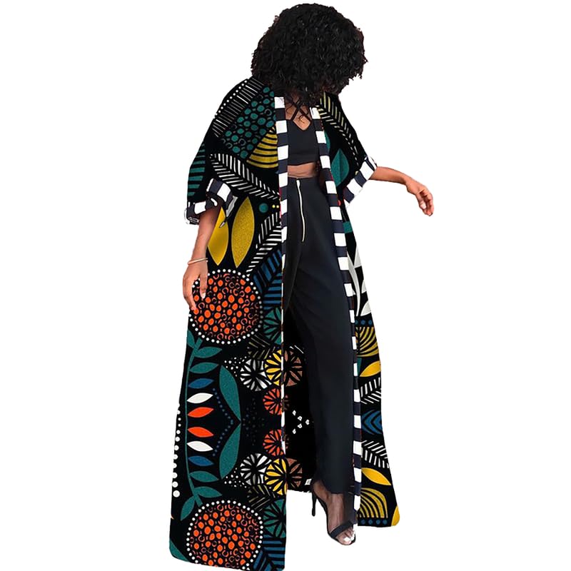 African Open Front Long Cardigan for Women Ankara Print Open Front Polyester Long Jacket Tribal Dashiki Outwear