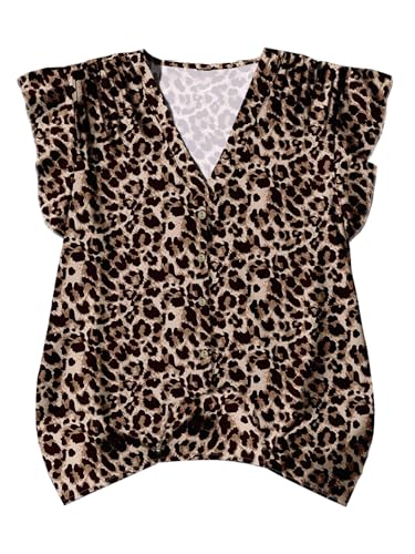 GORGLITTER Damen Leo Bluse Große Größen Sommer Bluse Leoprint Tops V Auschnitt Sommertop mit Volantärmeln Locker Bluse Bürotop Sommer Outfits Leoparden 3XL