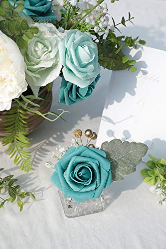 Floroom Artificial Flowers 25Pcs Real Looking Teal Green Foam Fake Roses With Stems For Diy Wedding Bouquets Baby Shower Centerpieces Party Tables Home Decorations #TOP5