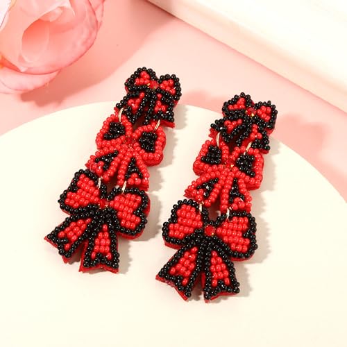 Bow Earrings Beaded Game Day Earrings for Women Triple Ribbon Bow Drop Dangle Earrings Football Baseball Game Day Party Favors Sports Fan Jewelry Gifts2