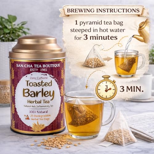 Image of SAN-CHA Tea Boutique, Barley Tea, Caffeine Free Herbal Tea, 25 Pyramid Tea Bags, Toasted Aroma, Natural Anti Inflammatory Tea, Detox Tea - 25 Gram