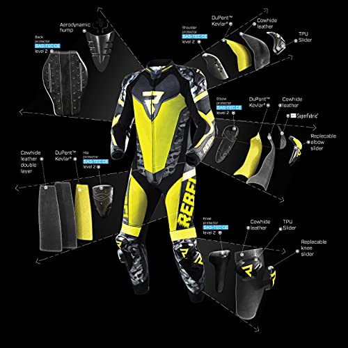 REBELHORN Rebel Einteiliger Motorrad Lederanzug für Männer Ellbogen Schulter Rücken Knie Hüfte & Steißbein Schutz Belüftung 4 Taschen Reflektierende Paneele