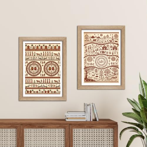 Image of TenorArts Traditional Tribal Folk Art Photo Frame Set of 2 , Indian Rural Arts Decor Wall Hanging Painting For Bedroom Living Room Cafe and Home decor / Minimal Drawing Framed Posters for Decoration (9x12 inches) [T2P-07T]