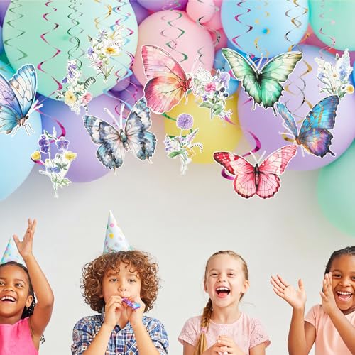 Image of 36 Pcs Wildflower Butterfly Hanging Swirl Decoration Wildflower Ceiling Hanging Streamer Large Paper Floral Butterfly Birthady Decor for Women Tea Party Wedding Garden Baby Shower Supplies