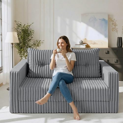Image of HABUTWAY 49.8 inch Loveseat Boneless Couch, 4-in-1 Convertible Sofa Bed, Plush Fur Folding Futon Sofa Bed Couches with a Pillow for Living Room, High-Density Foam Support, No Assembly Required, Light Grey