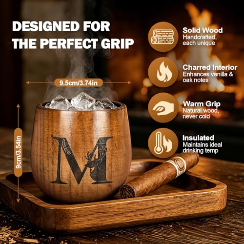 VEXOOX Charred Wooden Whiskey Glass, Personalized Letter Bourbon Drinking Glass for Enhanced Smoky Flavor, Handmade Old Fashioned Whiskey Cup Gifts for Men Dad Husband Unique (M) — view 3