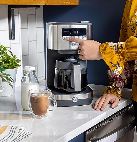 Image of GE Drip Coffee Maker With Timer | 12-Cup Glass Carafe Coffee Pot With Adjustable Keep Warm Plate | Wide Shower Head for Maximum Flavor | Kitchen Essentials | Stainless Steel