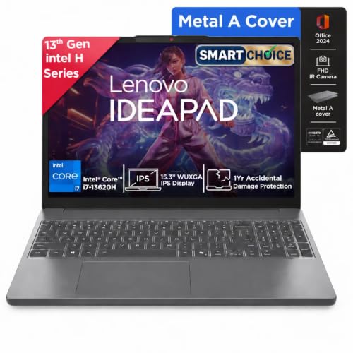 Lenovo IdeaPad Slim 3 Smartchoice 13th Gen Intel Core i7-13620H 15.3 inch (38.8cm) WUXGA IPS Laptop (16GB RAM/512GB SSD/Windows 11/Office 24/Metal A Cover/Backlit Keyboard/Luna Grey/1.6Kg), 83K101JGIN — image 1 of 6