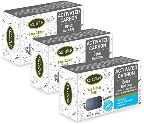 Kalliston, Organic Activated Carbon Detox Soap, Spa Soaps, Detox Face & Body Olive Oil Soaps, Made in Ancient Crete, Greece, 110g Each, Pack of 3