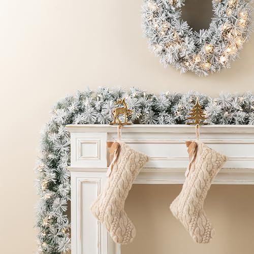 Glitzhome 2PCS 6FT Pre-Lit Snow Flocked Pine Christmas Garland with Lights, Christmas Greenery Garland, Artificial Garland for Mantle, Fireplace, Doorway, Staircase Winter Xmas Decorations
