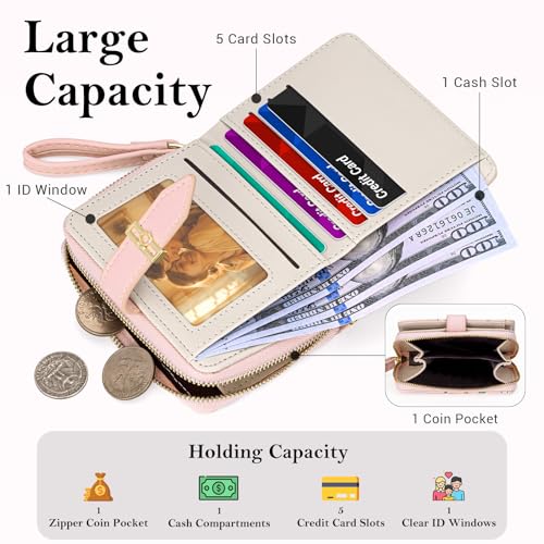 Wallet for Women Cute Rose Small Flower Women's Wallet RFID Credit Card Holder Purse with Exterior Zipper Around Coin Purse (Pink)2