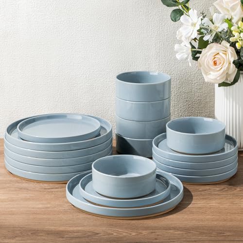 Image of AmorArc Ceramic Dinnerware Set for 8 | Speckled Stoneware Plates and Bowls with Rustic Terracotta Underside| Scratch Resistant,Dishwasher & Microwave Safe Dishes Sets- 24pcs Blue