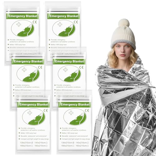 MOXYOY Emergency Blankets Survival Foil Thermal Blanket 210×130 cm Foil Mylar Thermal Blankets for Outdoors Camping Hiking (Silver Pack of 6)