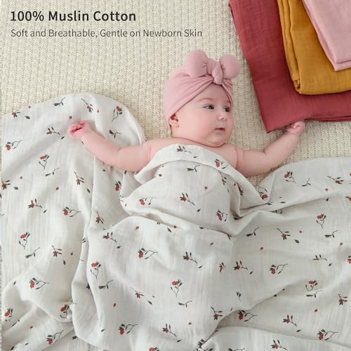 Image of POMISO Muslin Swaddle Blankets for Boys & Girls, Newborn Receiving Blankets, 4 Pack Soft Breathable Baby Swaddles, Large 47x47 Inches, Red Berries & Earthy Colors