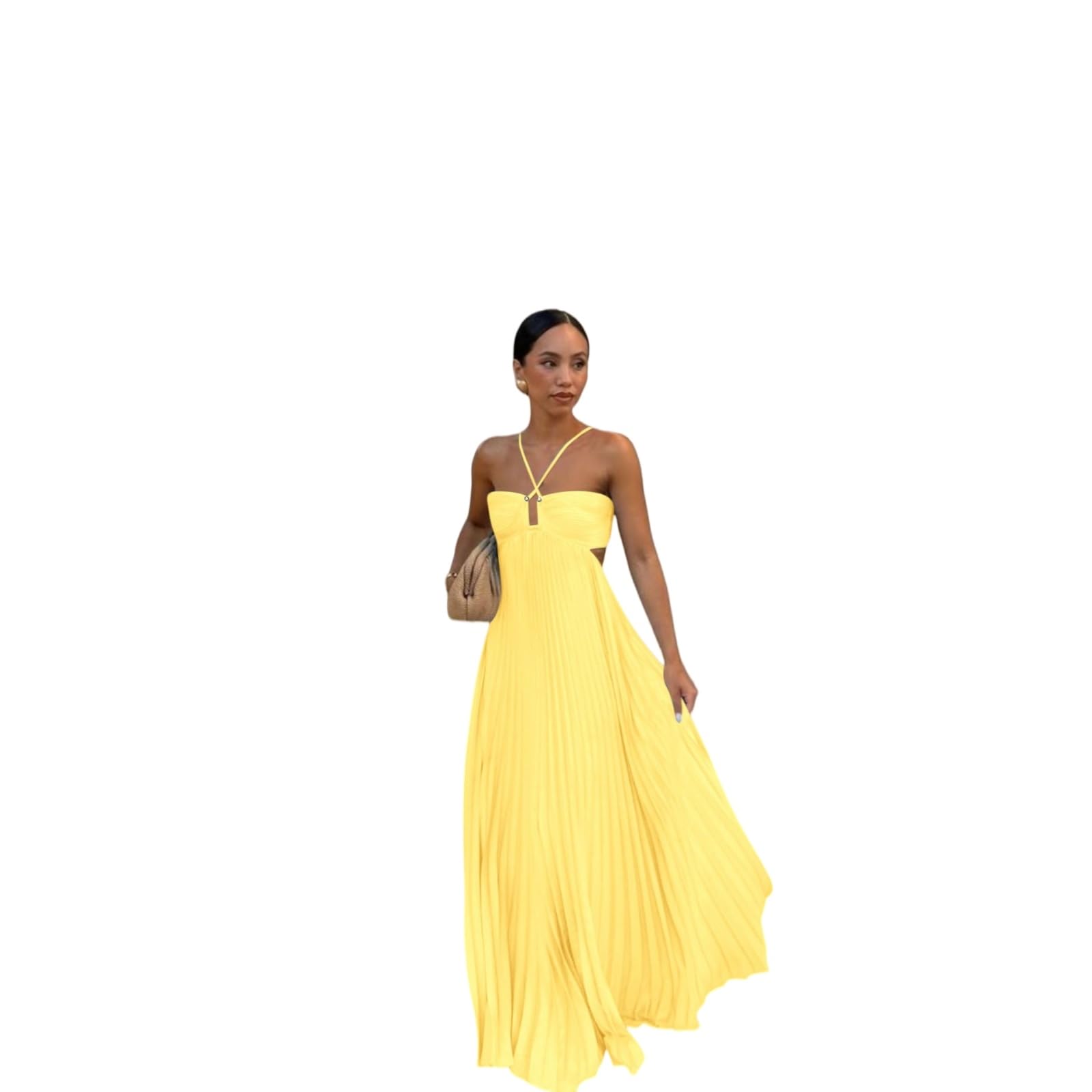Vestito Donna Piegato Halter Maxi Abito Senza Maniche Schienale Pizzo Fino Elegante Estate Matrimonio Ospite Festa Lungo