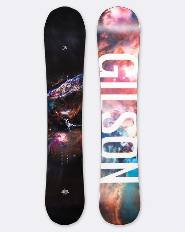 GILSON Moonwalker All-Mountain Snowboard, Cosmic Galaxy Design, Pop-Camber Profile, Steel-to-Snow Contact, Traditional Flat Base, Performance Oriented
