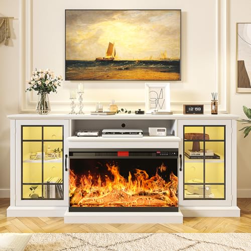 oneinmil 80'' Fireplace TV Stand with 3-Sided Glass, TV Cabinet for TVs up to 85
